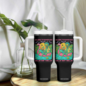 Summerween Zombie Pool Party Tumbler With Handle Chillin and Thrillin Flamingo Float Summer Halloween TS02 Print Your Wear