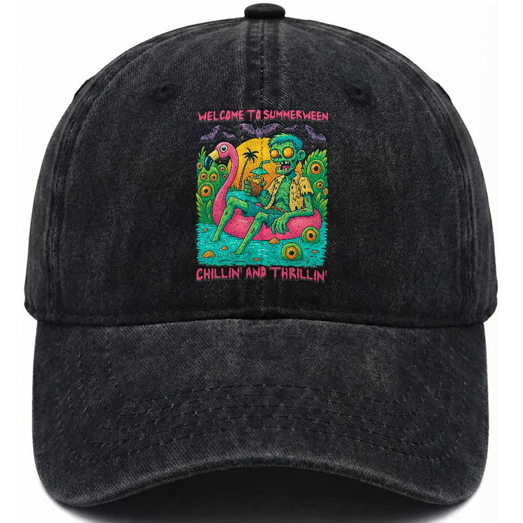 Summerween Zombie Pool Party Washed Cotton Baseball Cap Chillin and Thrillin Flamingo Float Summer Halloween TS02 Print Your Wear