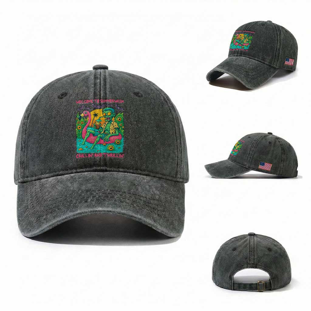 Summerween Zombie Pool Party Washed Cotton Baseball Cap Chillin and Thrillin Flamingo Float Summer Halloween TS02 Washed Cap Universal Fit Dark Green Print Your Wear