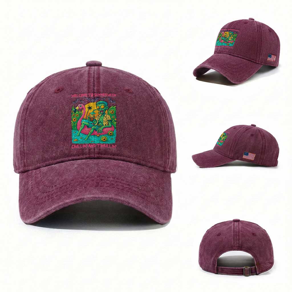 Summerween Zombie Pool Party Washed Cotton Baseball Cap Chillin and Thrillin Flamingo Float Summer Halloween TS02 Washed Cap Universal Fit Burgundy Print Your Wear