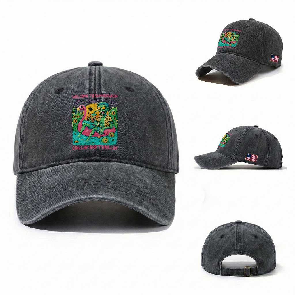 Summerween Zombie Pool Party Washed Cotton Baseball Cap Chillin and Thrillin Flamingo Float Summer Halloween TS02 Washed Cap Universal Fit Dark Gray Print Your Wear