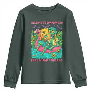 Summerween Zombie Pool Party Youth Sweatshirt Chillin and Thrillin Flamingo Float Summer Halloween TS02 Dark Forest Green Print Your Wear