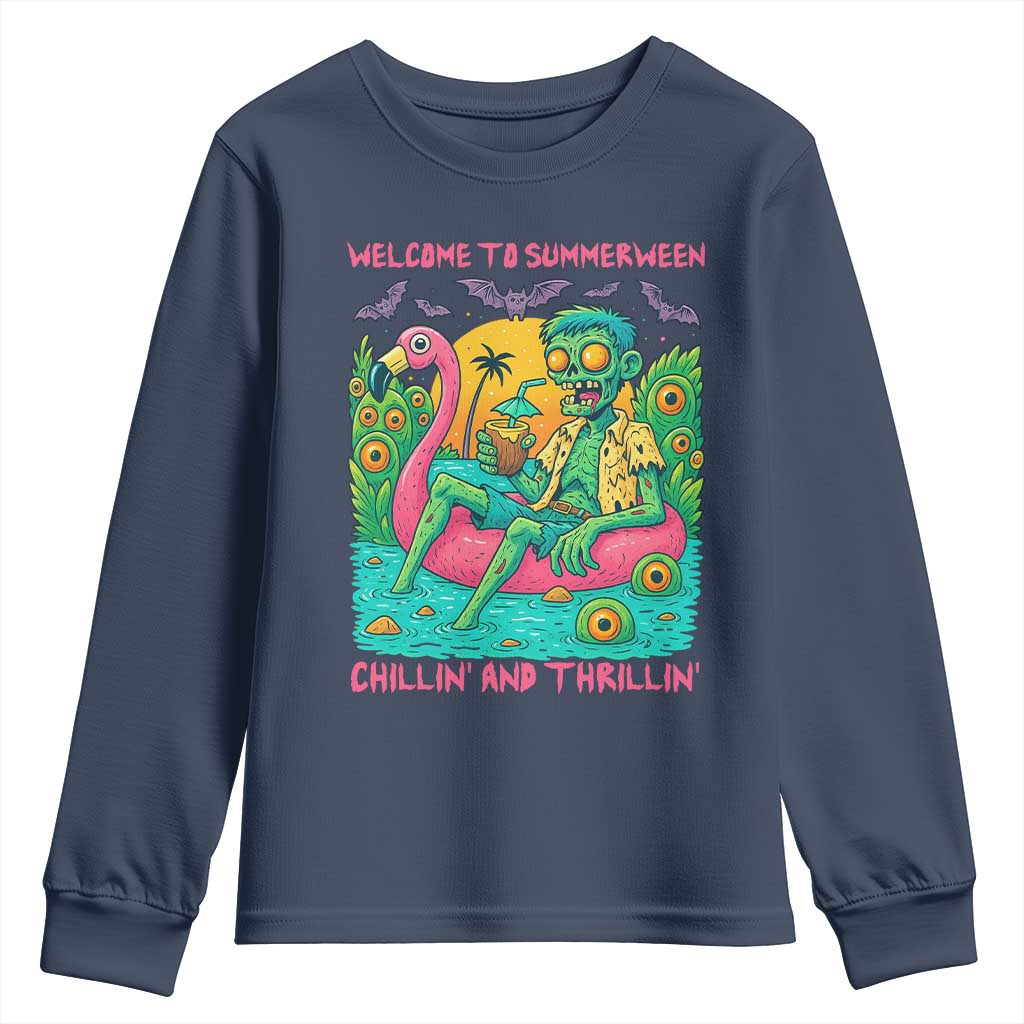 Summerween Zombie Pool Party Youth Sweatshirt Chillin and Thrillin Flamingo Float Summer Halloween TS02 Navy Print Your Wear