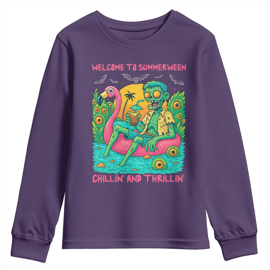 Summerween Zombie Pool Party Youth Sweatshirt Chillin and Thrillin Flamingo Float Summer Halloween TS02 Purple Print Your Wear