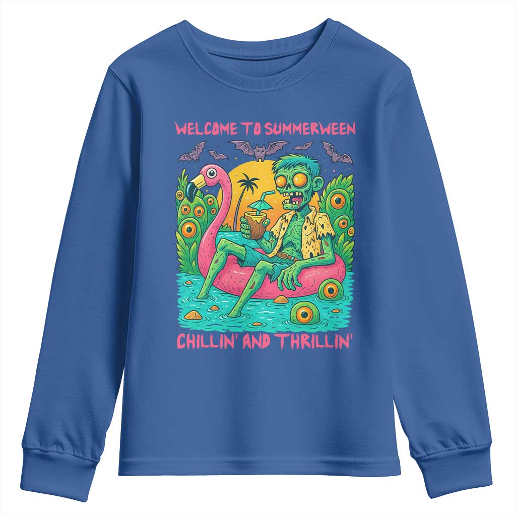 Summerween Zombie Pool Party Youth Sweatshirt Chillin and Thrillin Flamingo Float Summer Halloween TS02 Royal Blue Print Your Wear