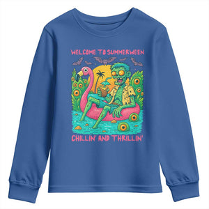 Summerween Zombie Pool Party Youth Sweatshirt Chillin and Thrillin Flamingo Float Summer Halloween TS02 Royal Blue Print Your Wear