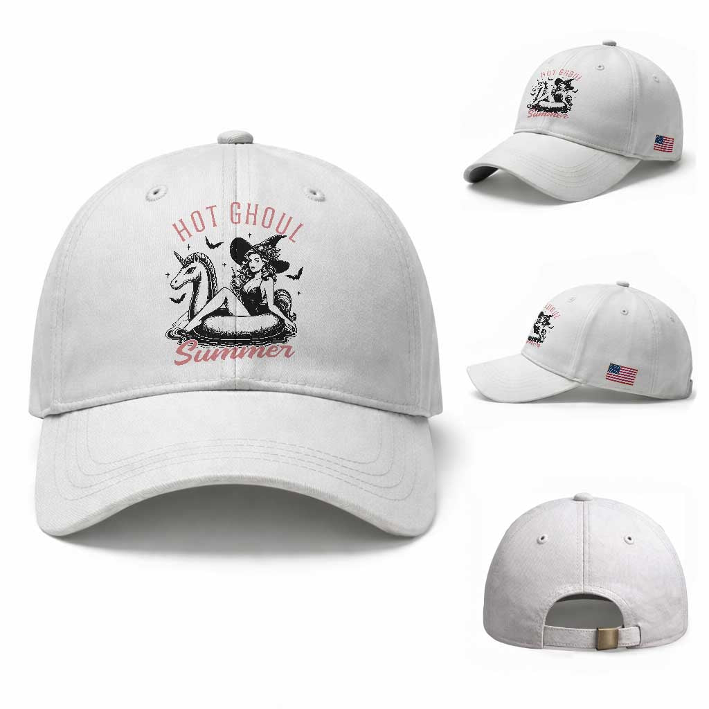 Hot Ghoul Summer Baseball Cap Retro Pin Up Witch Summerween Summer Beach Halloween Vibes TS02 Baseball Cap Universal Fit White Print Your Wear
