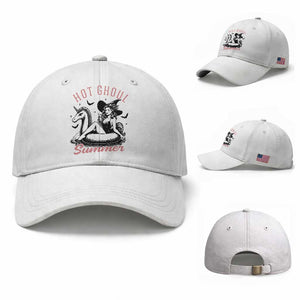 Hot Ghoul Summer Baseball Cap Retro Pin Up Witch Summerween Summer Beach Halloween Vibes TS02 Baseball Cap Universal Fit White Print Your Wear