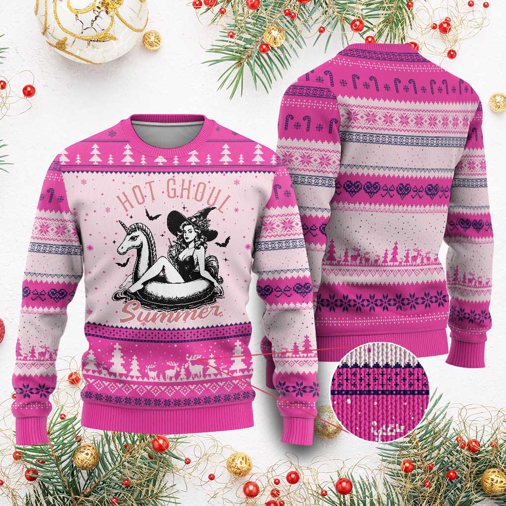 Hot Ghoul Summer Ugly Christmas Sweater Retro Pin Up Witch Summerween Summer Beach Halloween Vibes TS02 Hot Pink Print Your Wear