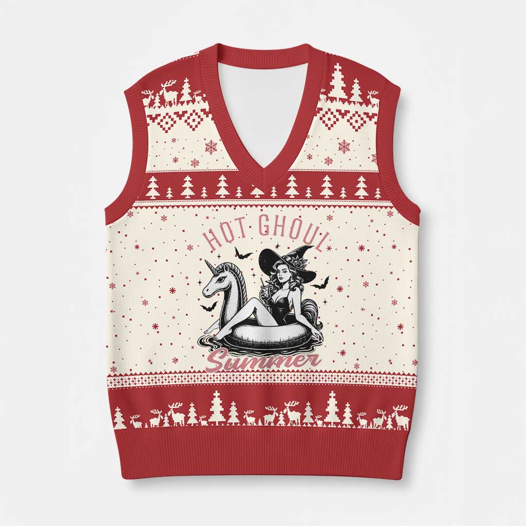Hot Ghoul Summer V-Neck Knit Sweater Vest Retro Pin Up Witch Summerween Summer Beach Halloween Vibes TS02 Beige Red Print Your Wear