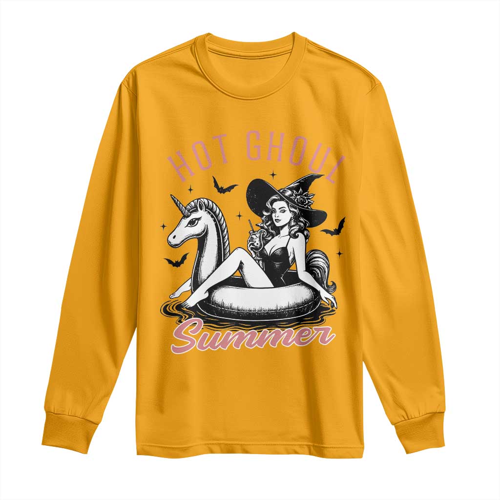 Hot Ghoul Summer Long Sleeve Shirt Retro Pin Up Witch Summerween Summer Beach Halloween Vibes TS02 Gold Print Your Wear