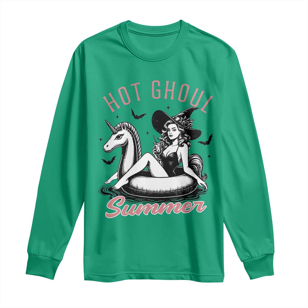 Hot Ghoul Summer Long Sleeve Shirt Retro Pin Up Witch Summerween Summer Beach Halloween Vibes TS02 Irish Green Print Your Wear