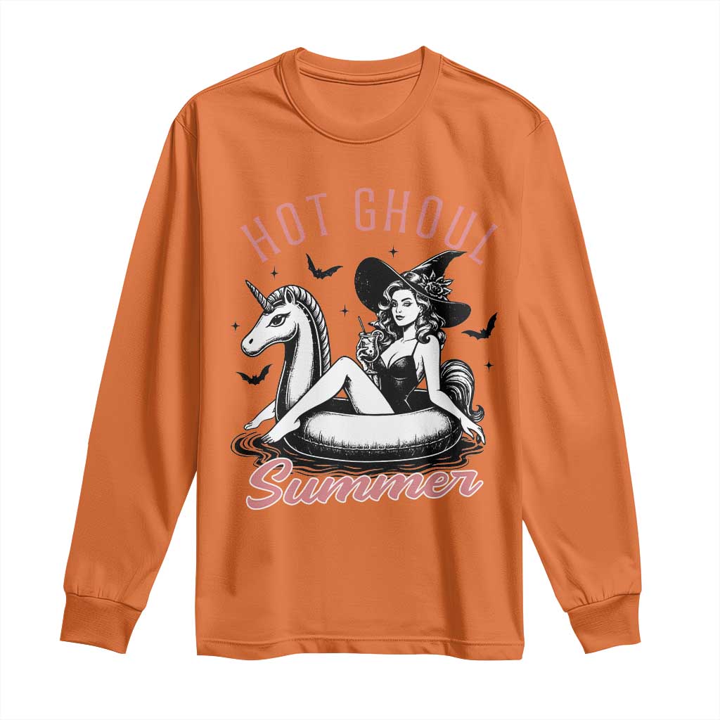 Hot Ghoul Summer Long Sleeve Shirt Retro Pin Up Witch Summerween Summer Beach Halloween Vibes TS02 Orange Print Your Wear