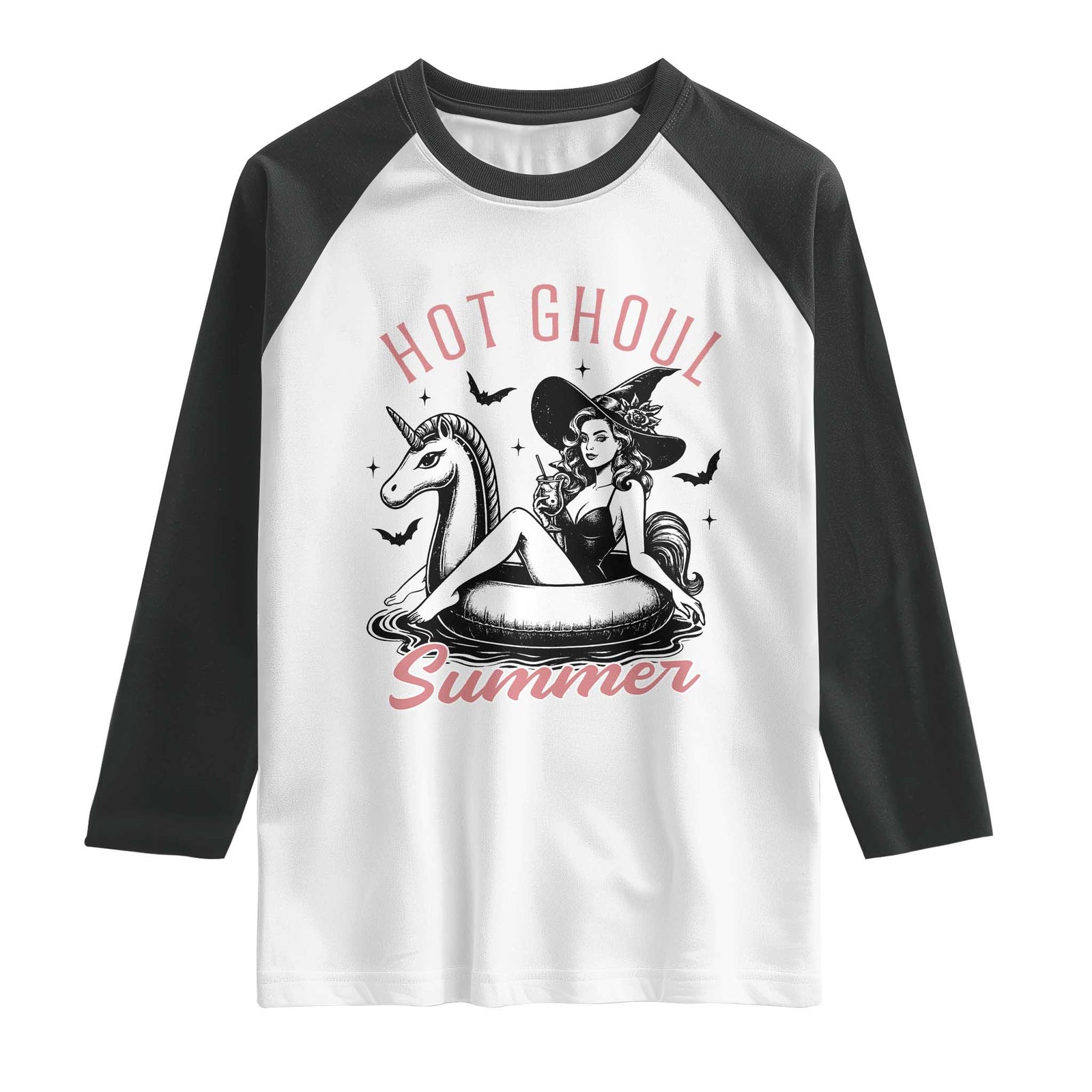 Hot Ghoul Summer Raglan Shirt Retro Pin Up Witch Summerween Summer Beach Halloween Vibes TS02 White Black Print Your Wear