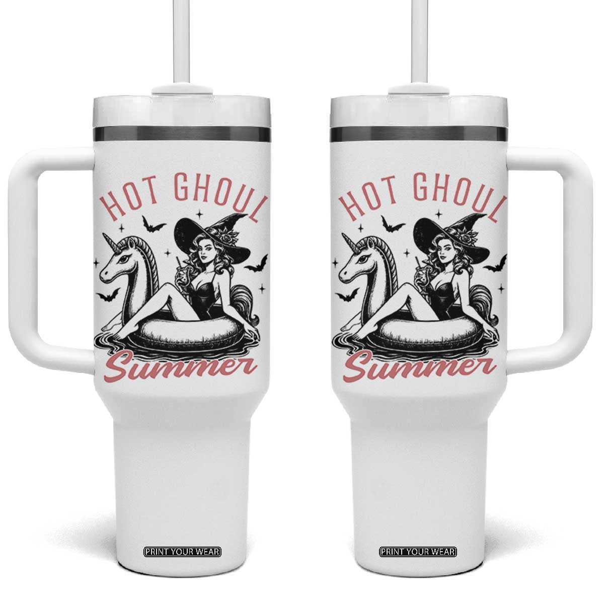 Hot Ghoul Summer Tumbler With Handle Retro Pin Up Witch Summerween Summer Beach Halloween Vibes TS02 One Size: 40 oz White Print Your Wear