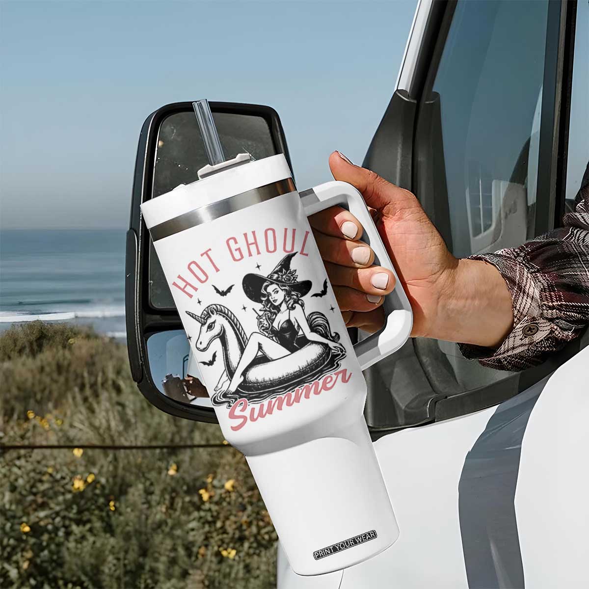 Hot Ghoul Summer Tumbler With Handle Retro Pin Up Witch Summerween Summer Beach Halloween Vibes TS02 Print Your Wear