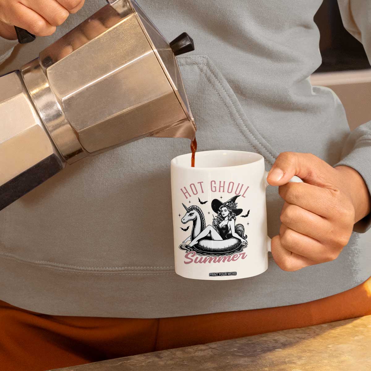 Hot Ghoul Summer Coffee Mug Retro Pin Up Witch Summerween Summer Beach Halloween Vibes TS02 Print Your Wear