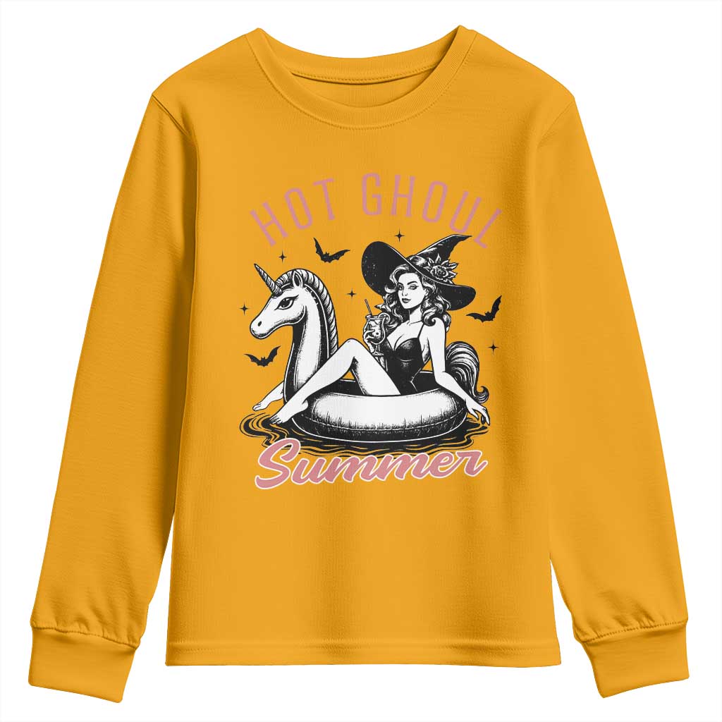 Hot Ghoul Summer Youth Sweatshirt Retro Pin Up Witch Summerween Summer Beach Halloween Vibes TS02 Gold Print Your Wear