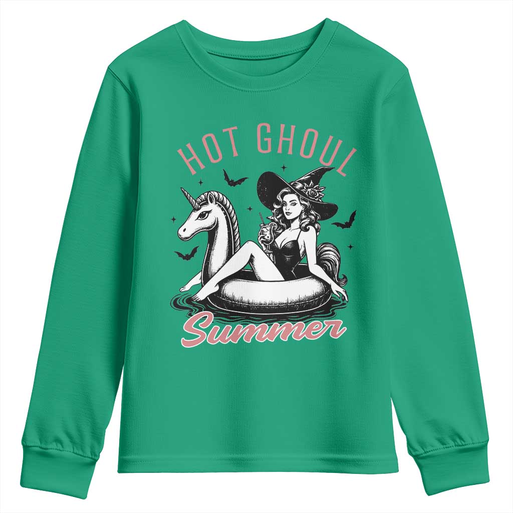 Hot Ghoul Summer Youth Sweatshirt Retro Pin Up Witch Summerween Summer Beach Halloween Vibes TS02 Irish Green Print Your Wear