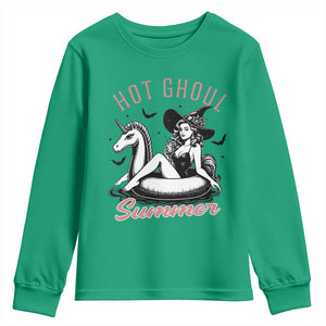 Hot Ghoul Summer Youth Sweatshirt Retro Pin Up Witch Summerween Summer Beach Halloween Vibes TS02 Irish Green Print Your Wear