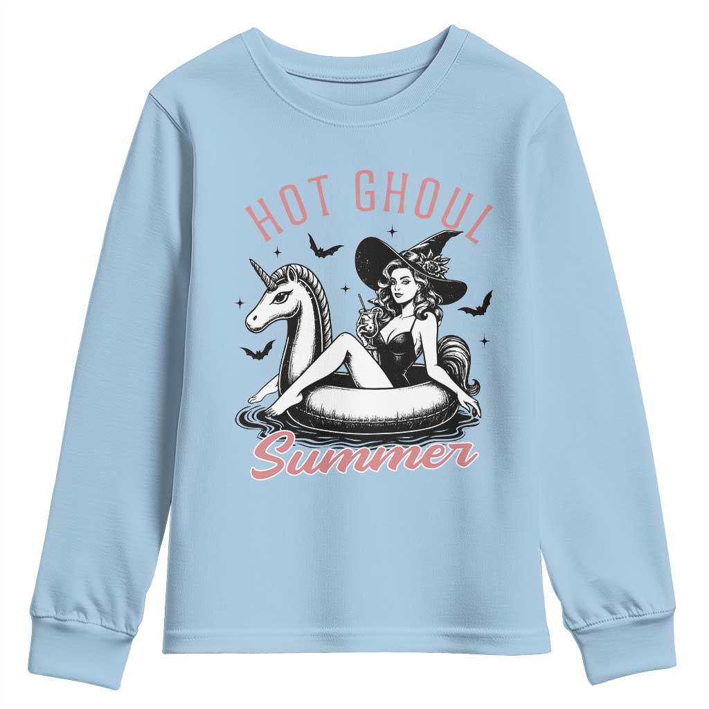 Hot Ghoul Summer Youth Sweatshirt Retro Pin Up Witch Summerween Summer Beach Halloween Vibes TS02 Light Blue Print Your Wear