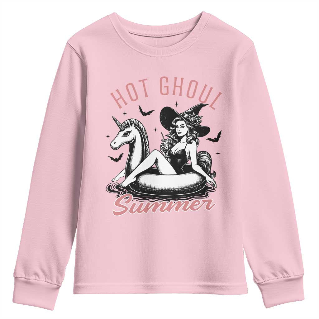 Hot Ghoul Summer Youth Sweatshirt Retro Pin Up Witch Summerween Summer Beach Halloween Vibes TS02 Light Pink Print Your Wear