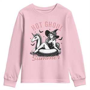 Hot Ghoul Summer Youth Sweatshirt Retro Pin Up Witch Summerween Summer Beach Halloween Vibes TS02 Light Pink Print Your Wear