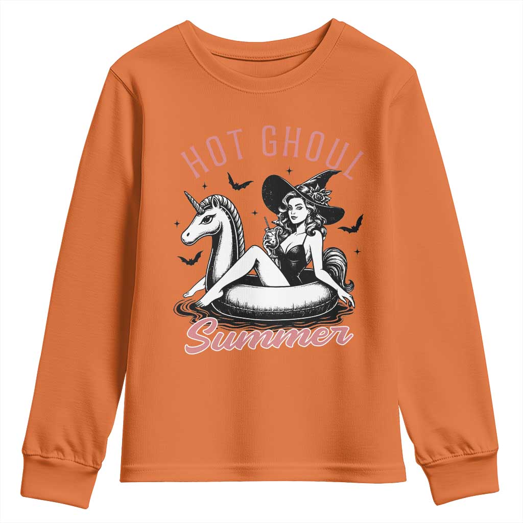 Hot Ghoul Summer Youth Sweatshirt Retro Pin Up Witch Summerween Summer Beach Halloween Vibes TS02 Orange Print Your Wear