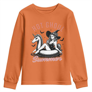 Hot Ghoul Summer Youth Sweatshirt Retro Pin Up Witch Summerween Summer Beach Halloween Vibes TS02 Orange Print Your Wear