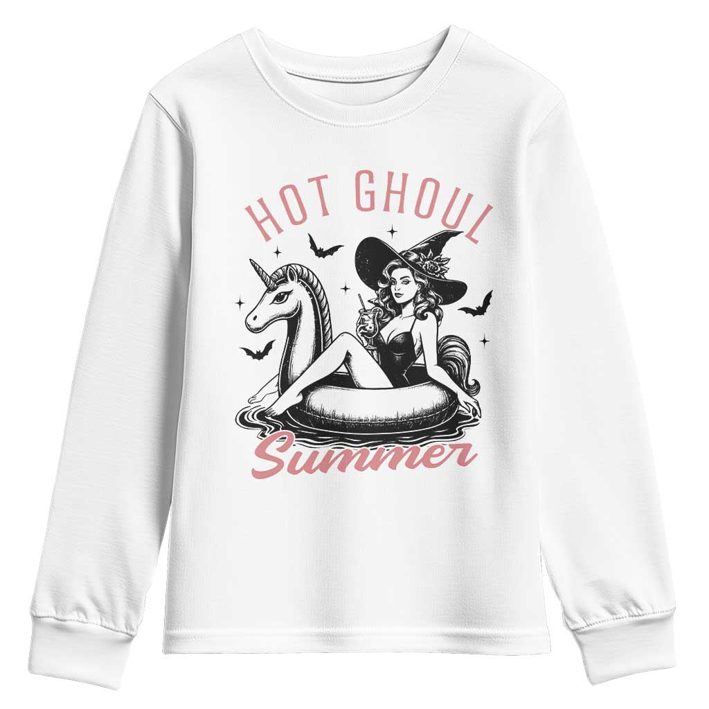 Hot Ghoul Summer Youth Sweatshirt Retro Pin Up Witch Summerween Summer Beach Halloween Vibes TS02 White Print Your Wear