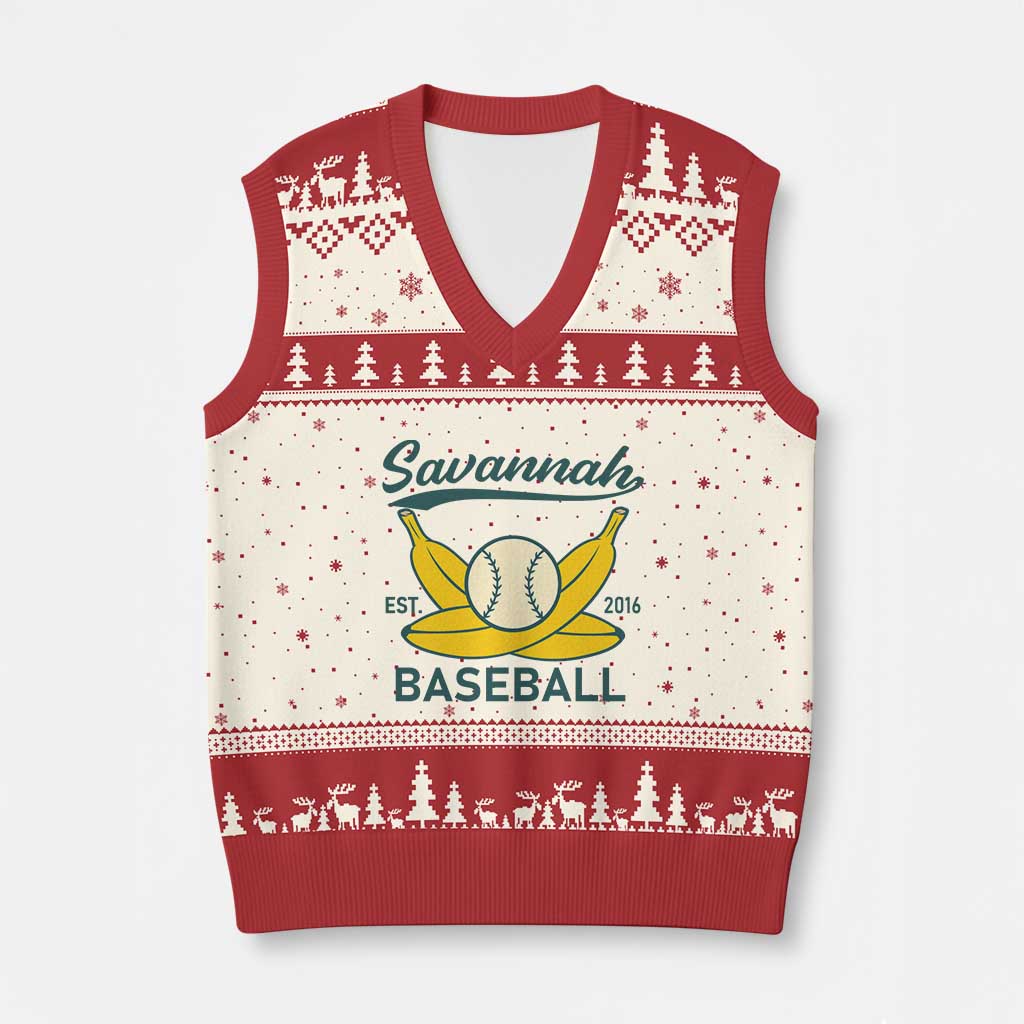 Retro Savannah Baseball Est. 2016 V-Neck Knit Sweater Vest Funny Banana and Ball Vintage Sports TS02 Beige Red Print Your Wear