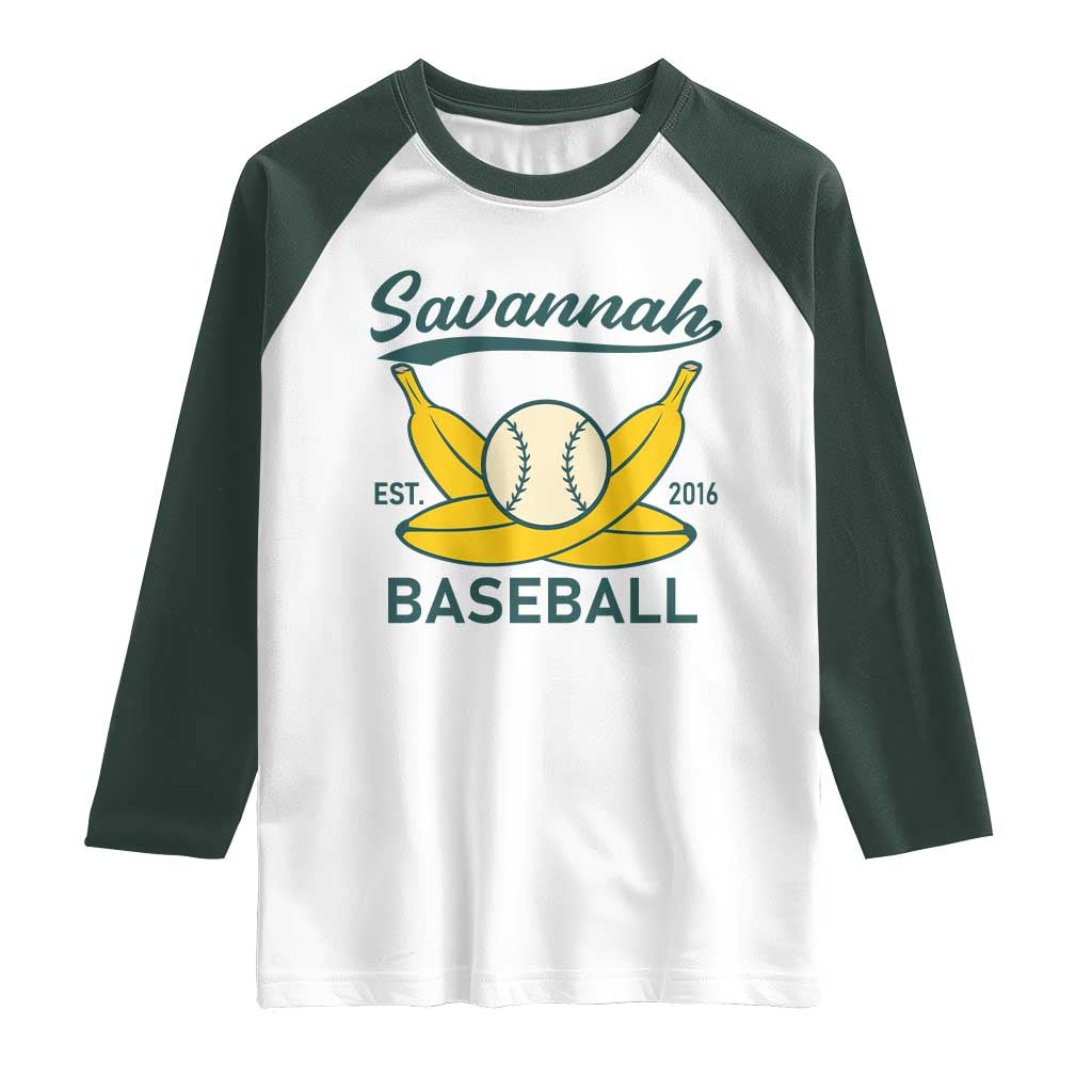 Retro Savannah Baseball Est. 2016 Raglan Shirt Funny Banana and Ball Vintage Sports TS02 White Dark Forest Green Print Your Wear
