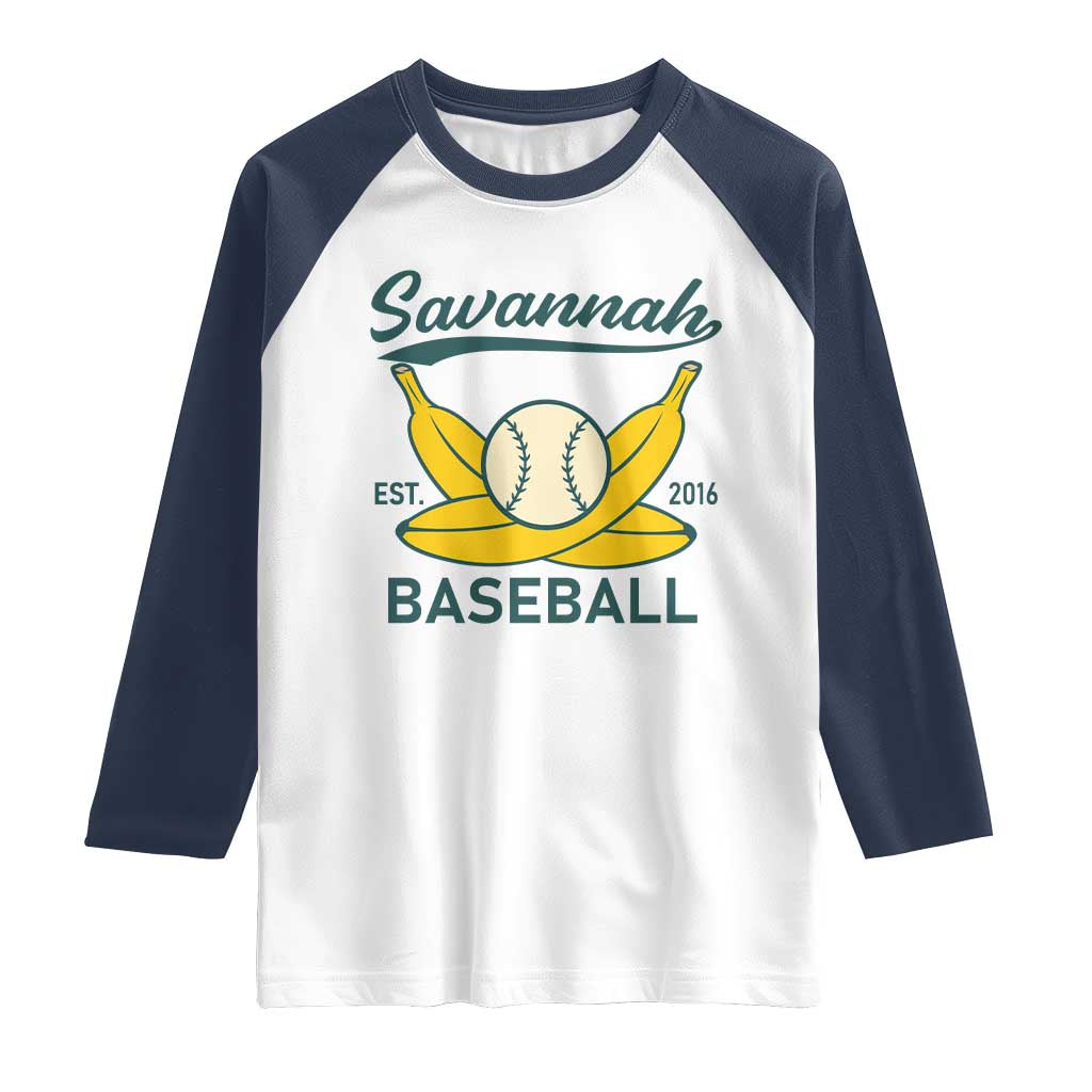 Retro Savannah Baseball Est. 2016 Raglan Shirt Funny Banana and Ball Vintage Sports TS02 White Navy Print Your Wear
