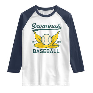 Retro Savannah Baseball Est. 2016 Raglan Shirt Funny Banana and Ball Vintage Sports TS02 White Navy Print Your Wear