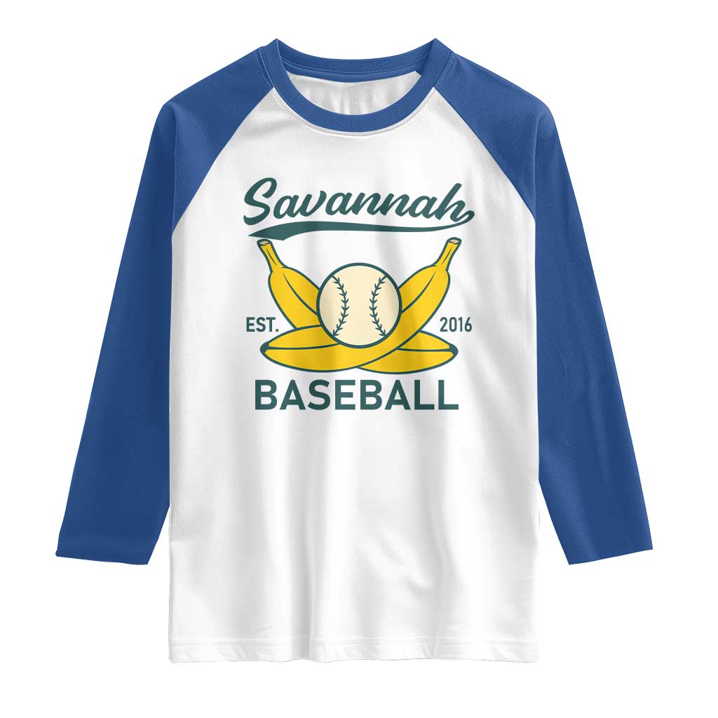 Retro Savannah Baseball Est. 2016 Raglan Shirt Funny Banana and Ball Vintage Sports TS02 White Royal Print Your Wear