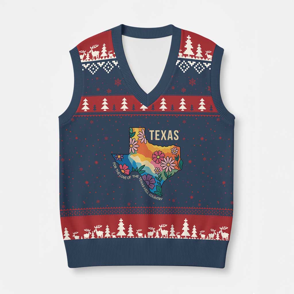 Texas Floral Boho V-Neck Knit Sweater Vest For the Love of the Texas Hill Country Southern Pride TS02 Navy Red Print Your Wear