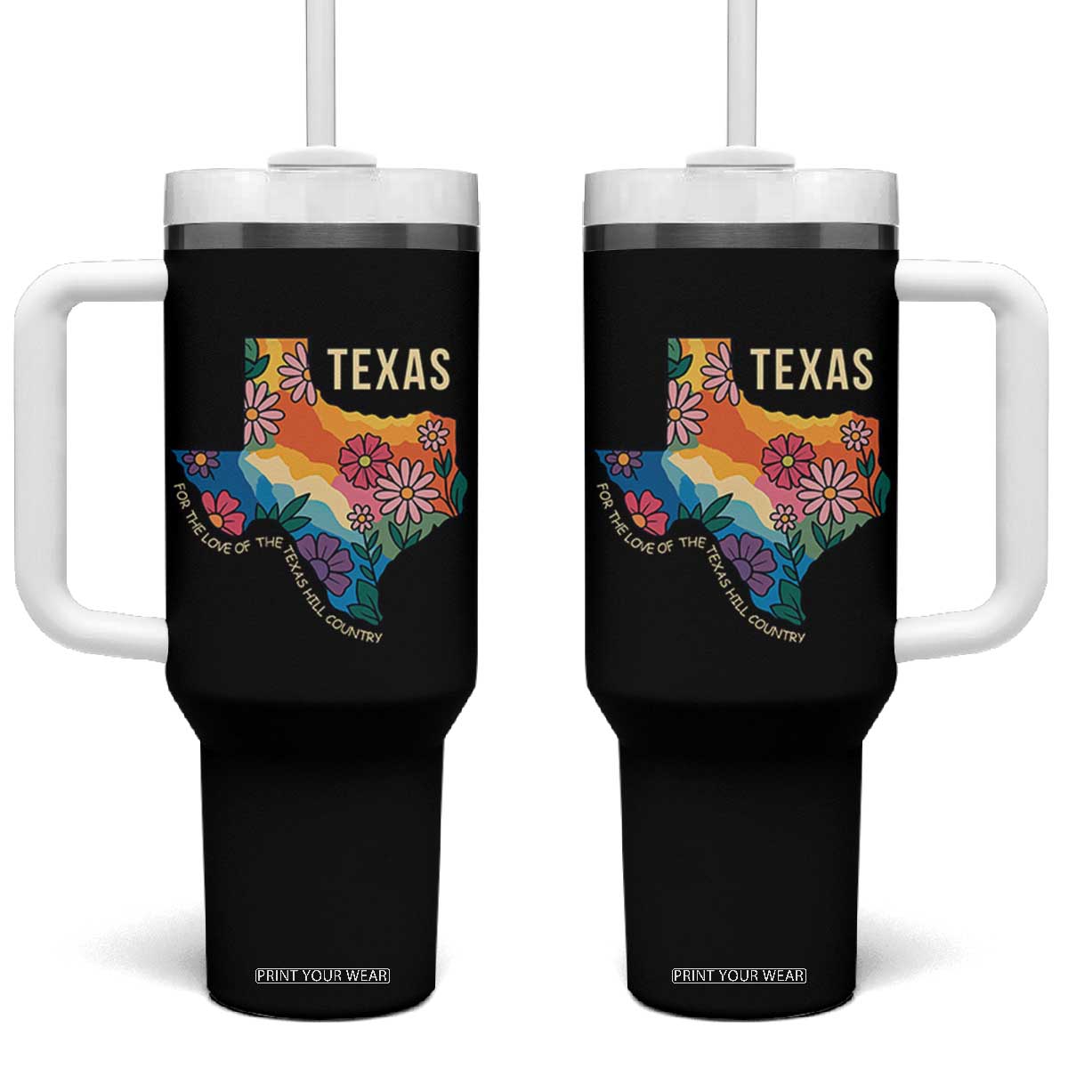 Texas Floral Boho Tumbler With Handle For the Love of the Texas Hill Country Southern Pride TS02 One Size: 40 oz Black Print Your Wear
