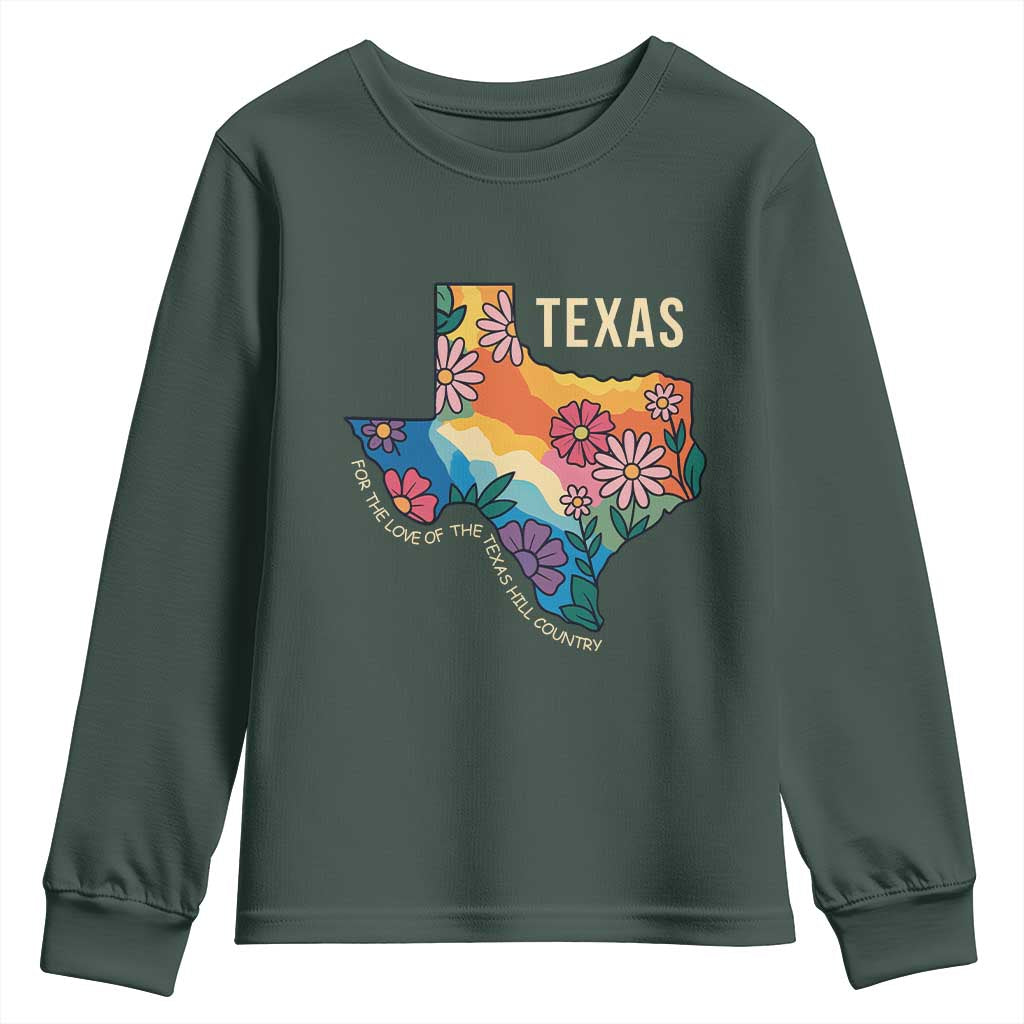 Texas Floral Boho Youth Sweatshirt For the Love of the Texas Hill Country Southern Pride TS02 Dark Forest Green Print Your Wear