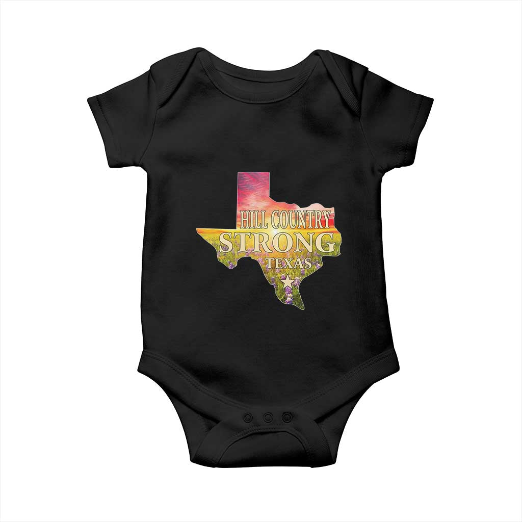 Hill Country Strong Texas Baby Onesie Sunset Bluebonnet Resilience TS02 Black Print Your Wear