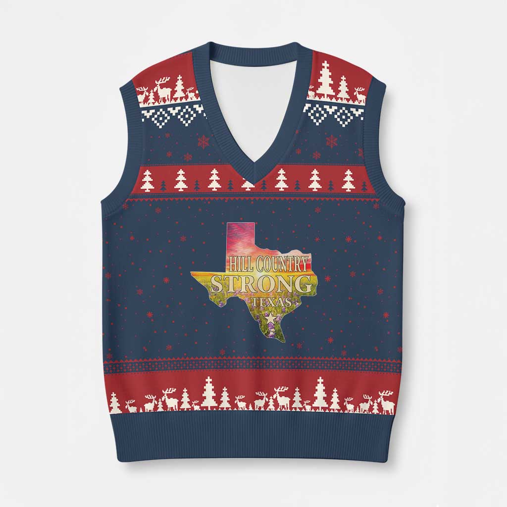 Hill Country Strong Texas V-Neck Knit Sweater Vest Sunset Bluebonnet Resilience TS02 Navy Red Print Your Wear