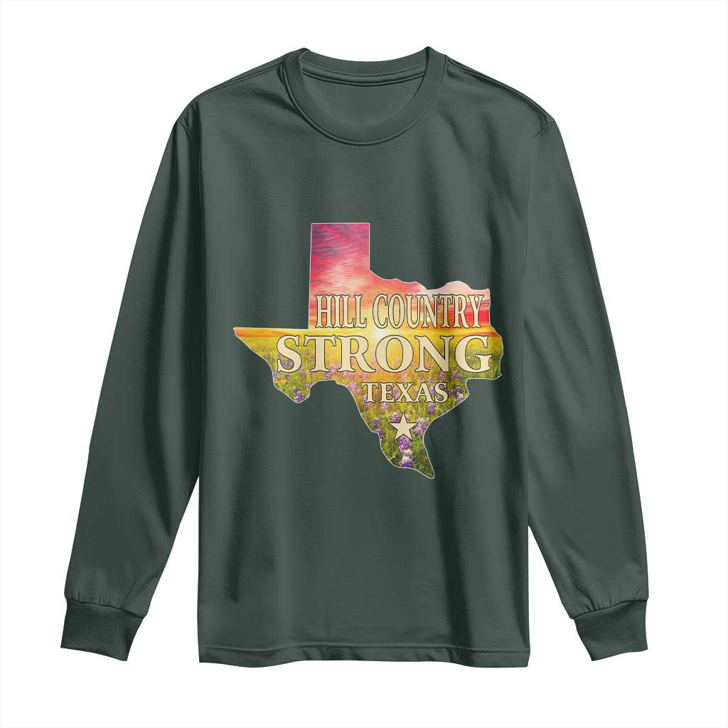 Hill Country Strong Texas Long Sleeve Shirt Sunset Bluebonnet Resilience TS02 Dark Forest Green Print Your Wear