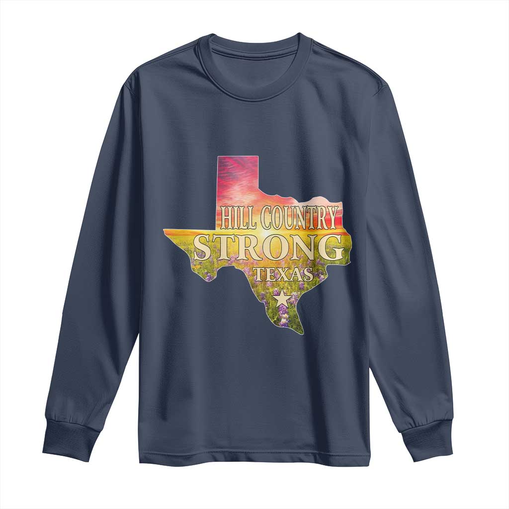 Hill Country Strong Texas Long Sleeve Shirt Sunset Bluebonnet Resilience TS02 Navy Print Your Wear