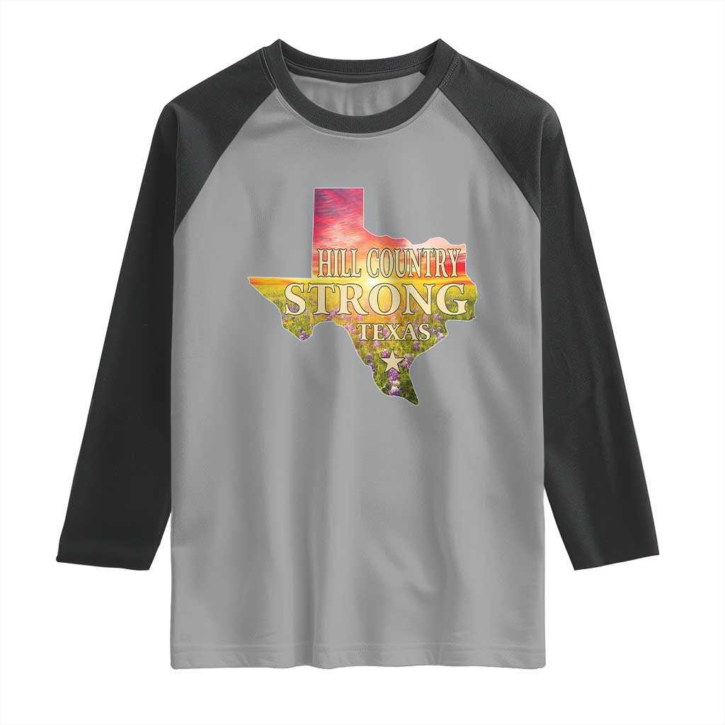 Hill Country Strong Texas Raglan Shirt Sunset Bluebonnet Resilience TS02 Sport Gray Black Print Your Wear
