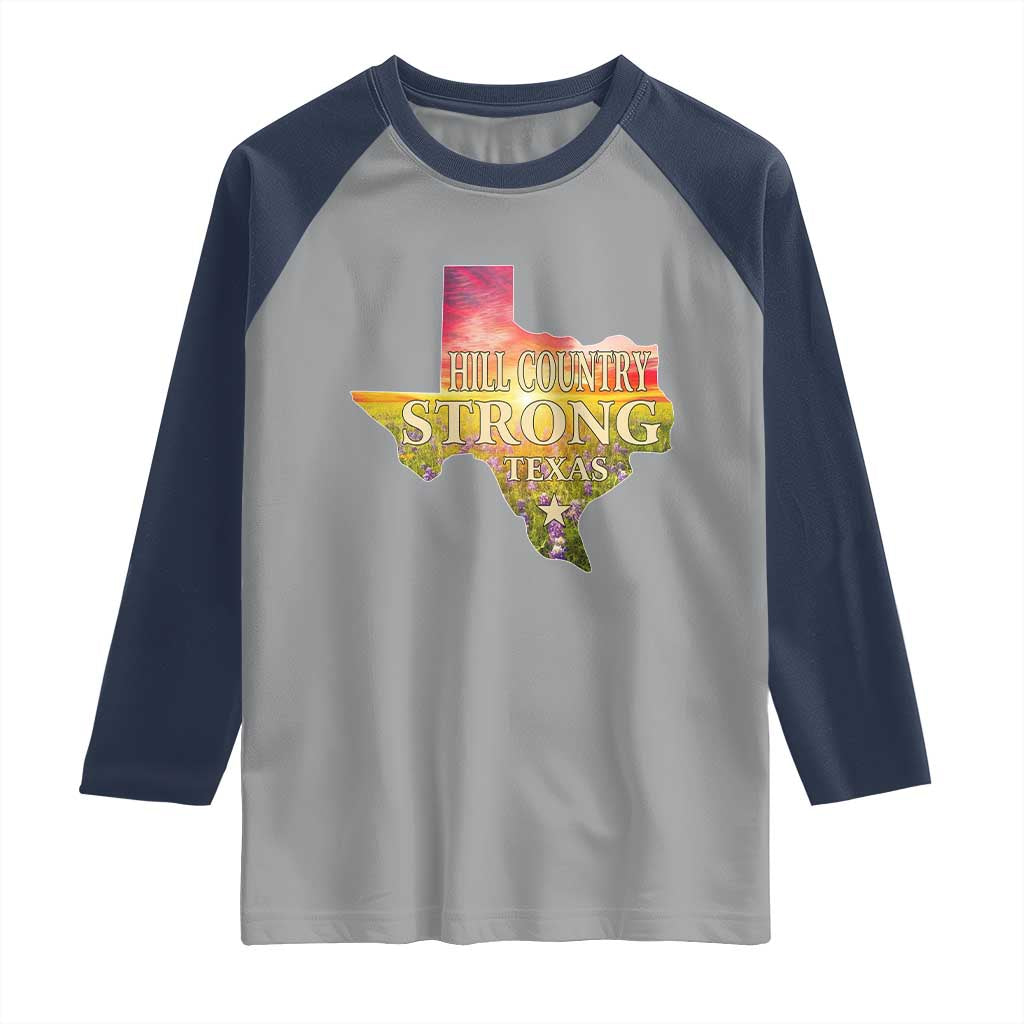 Hill Country Strong Texas Raglan Shirt Sunset Bluebonnet Resilience TS02 Sport Gray Navy Print Your Wear