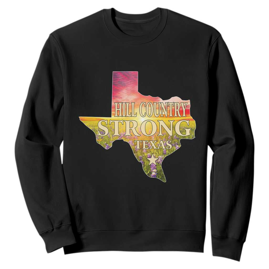 Hill Country Strong Texas Sweatshirt Sunset Bluebonnet Resilience TS02 Black Print Your Wear