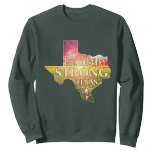 Hill Country Strong Texas Sweatshirt Sunset Bluebonnet Resilience TS02 Dark Forest Green Print Your Wear