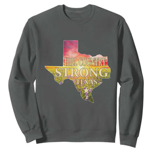 Hill Country Strong Texas Sweatshirt Sunset Bluebonnet Resilience TS02 Dark Heather Print Your Wear