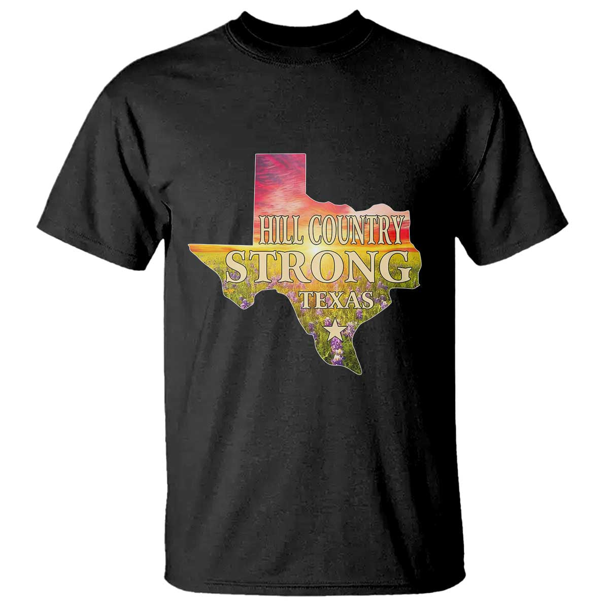 Hill Country Strong Texas T Shirt Sunset Bluebonnet Resilience TS02 Black Print Your Wear