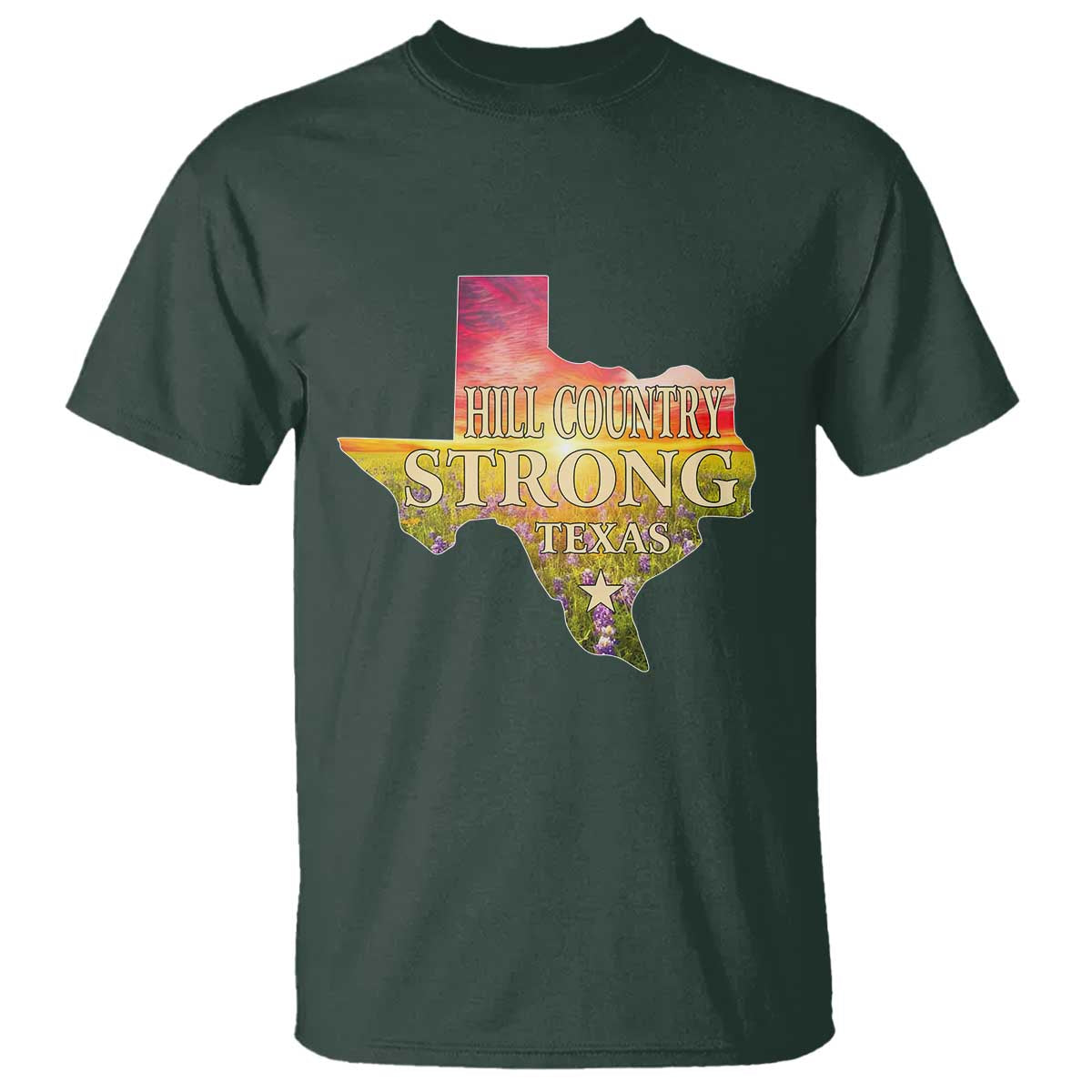 Hill Country Strong Texas T Shirt Sunset Bluebonnet Resilience TS02 Dark Forest Green Print Your Wear