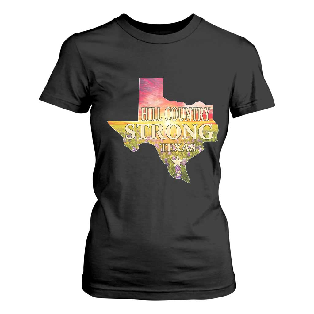 Hill Country Strong Texas T Shirt For Women Sunset Bluebonnet Resilience TS02 Black Print Your Wear